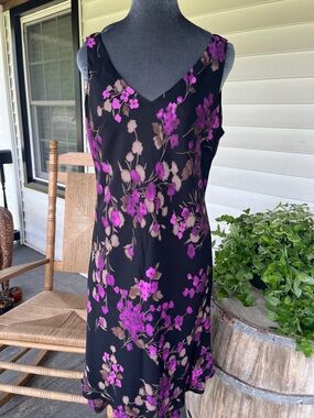 Vintage Jones New York Black Slip Dress with Pink  Brown Floral Print Sz 12 #942